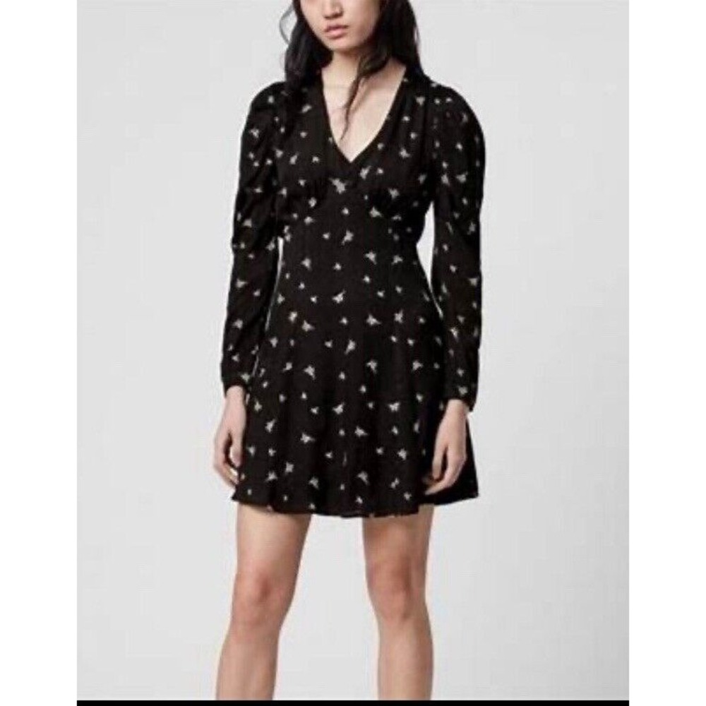 AllSaints Rosi Bamboo Dress Sz 6 Puffed Sleeves Black Whimsigoth Grunge Punk